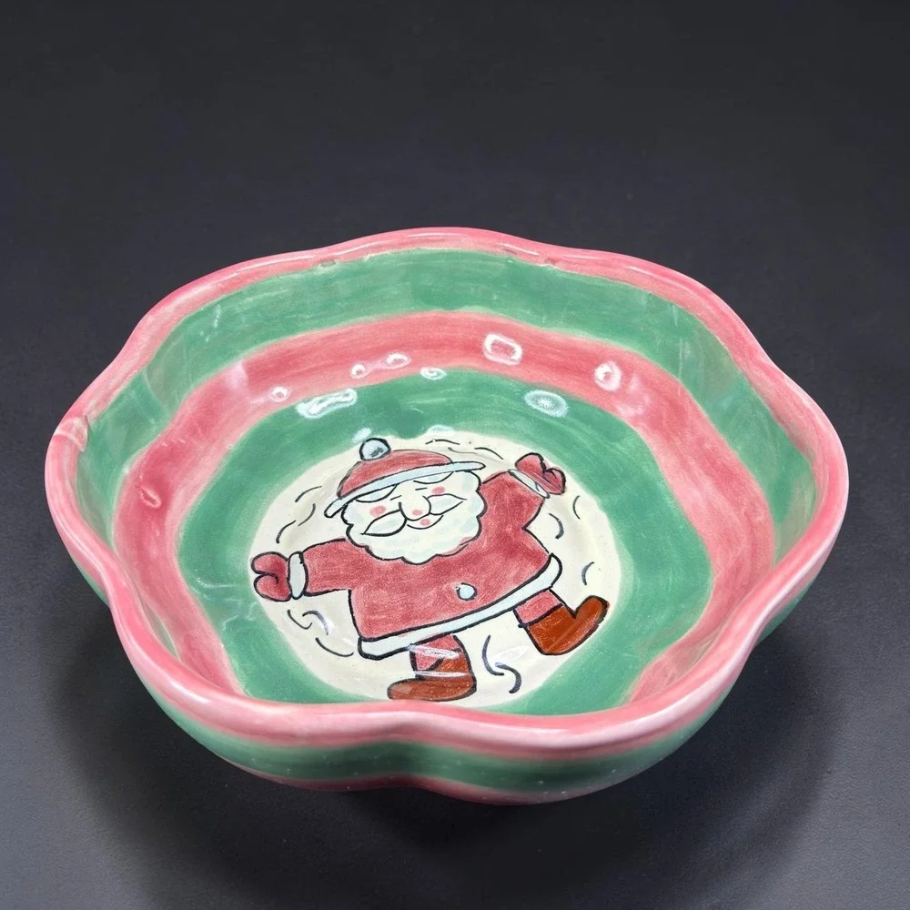 JMB‎ Mexico Hand Painted Ceramic Santa Claus Snow Angel Bowl Pink Green Striped